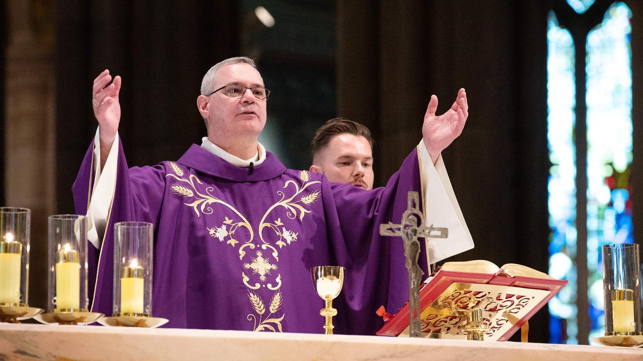 Archbishop Peter Comensoli holds mass at St Patrick’s Cathedral after the passing of Cardinal George Pell. Picture: Mark Stewart