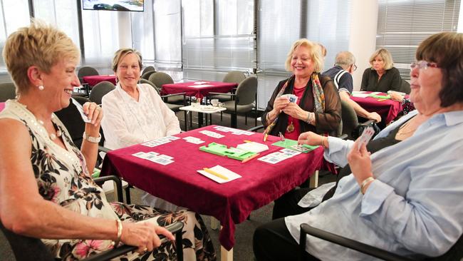 Bridge players Christine Algie, Ilana Glaser, Vili Nikolovska and Tamara Stone at Sydney’s Double Bay. Picture: Ryan Osland