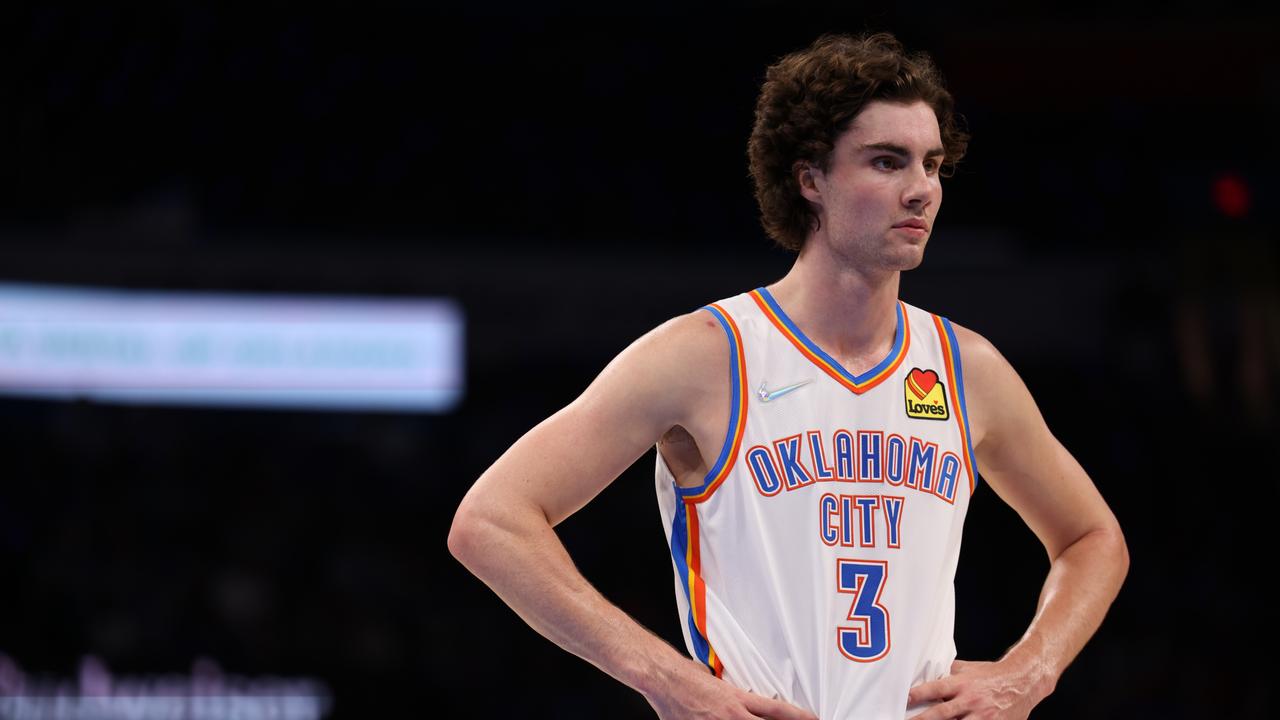 OKLAHOMA CITY, OK - OCTOBER 24: Josh Giddey #3 of the Oklahoma City Thunder looks on during the game against the Philadelphia 76ers on October 24, 2021 at Paycom Center in Oklahoma City, Oklahoma. NOTE TO USER: User expressly acknowledges and agrees that, by downloading and or using this photograph, User is consenting to the terms and conditions of the Getty Images License Agreement. Mandatory Copyright Notice: Copyright 2021 NBAE (Photo by Zach Beeker/NBAE via Getty Images)