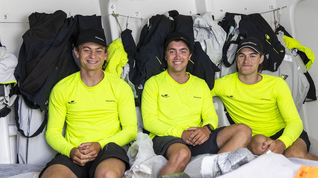 Maritimo crew Alex Marinelli, Hugo Stoner and Finn Rodowicz are doing their first Sydney to Hobart. Picture: Andrea Francolini.