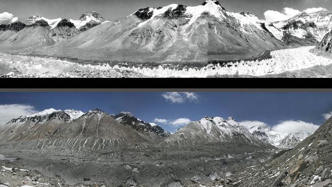 A combo photo, one taken in 1968, top, and the other in 2007, shows the retreating Rongbuk glacier of Mount Everest on the Tibetan plateau. Picture: AFP