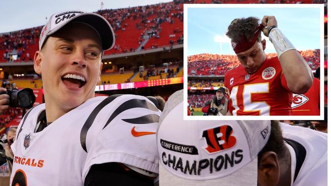 Joe Burrow celebrates while Patrick Mahomes tries to understand where it all went wrong. Photo: Getty Images