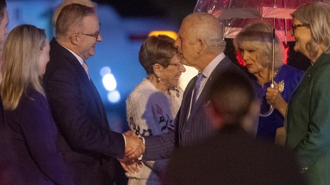 Prime Minister Anthony Albanese and his fiancee Jodie Haydon were all smiles to welcome King Charles and Queen Camilla to Sydney. Picture: NewsWire / Jeremy Piper