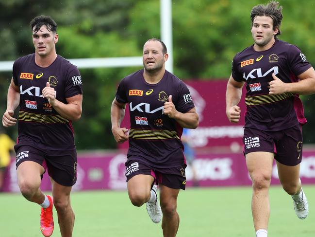 Brisbane Broncos pre-season training from Clive Berghofer Field.  Herbie Farnworth, Tyrone Roberts and Patrick Carrigan. Picture: Zak Simmonds