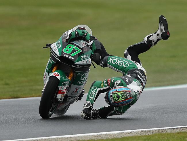 PHILLIP ISLAND, AUSTRALIA - OCTOBER 25: Remy Gardner of Australia and Onexox TKKR Sag Team crashes during free practice for the 2019 MotoGP of Australia at Phillip Island Grand Prix Circuit on October 25, 2019 in Phillip Island, Australia. (Photo by Robert Cianflone/Getty Images)