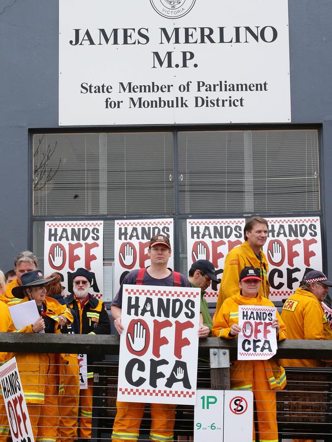 CFA volunteers marched on Merlino’s office. Picture: Norm Oorloff