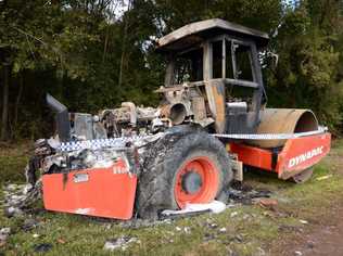 A Lismore City Council roller was destroyed by fire on Winterton Parade, Lismore, near the racecourse. . Picture: Cathy Adams