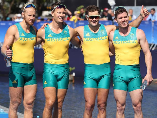 Australia's mens quad sculls team of Karsten Forsterling, Sasha Belonogoff, Cameron Girdlestone and James McRae after winning the silver medal at Lagoa. Picture. Brett Costello