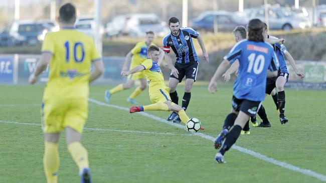 Action on the pitch during an NPL Tasmania game at Lightwood Park. The ground does not have female-only changerooms so two injured players had to be put in the clubrooms while they waited for an ambulance. Picture: PATRICK GEE