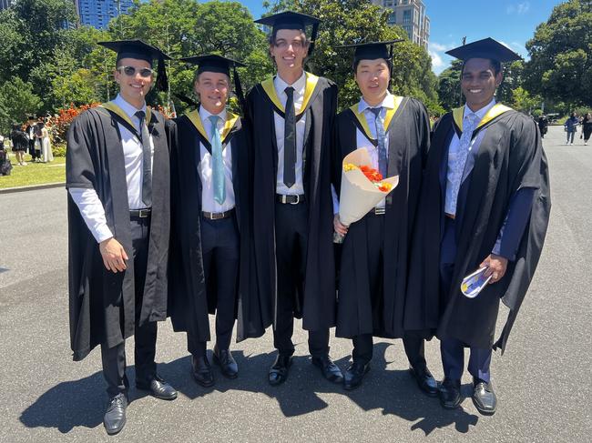 Master of Civil Engineering graduates: Marcus Petricca, Marcel Moran, Scott Baker, Jun Rae Cho and Nipuna Athukorala at the University of Melbourne graduations held at the Royal Exhibition Building on Friday, December 13, 2024. Picture: Jack Colantuono