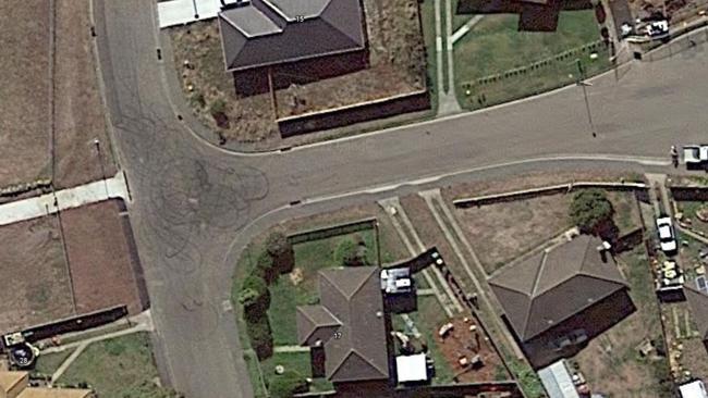 Burnouts can be seen from Google Earth at the corner of Barbara Avenue and Bradman Street, Clarendon Vale. Photo: Google Earth