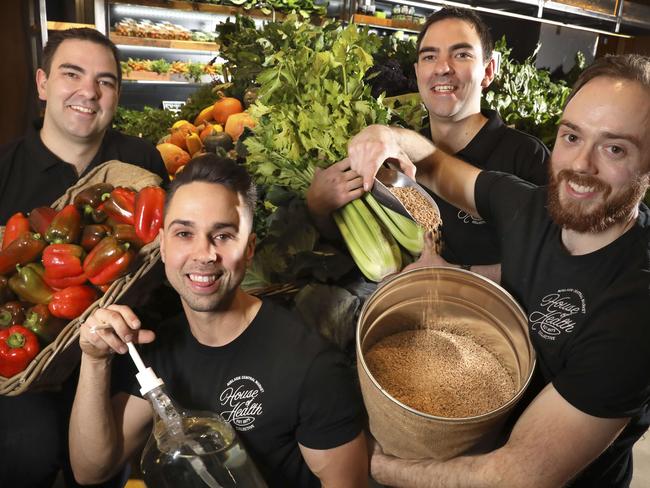 (LtoR) Alex Oulianoff, Chester Frank, Ivan Oulianoff, and Robert Frank, at the new mega Market stall House of Health, in Central Market. 7 August 2019. Picture Dean Martin