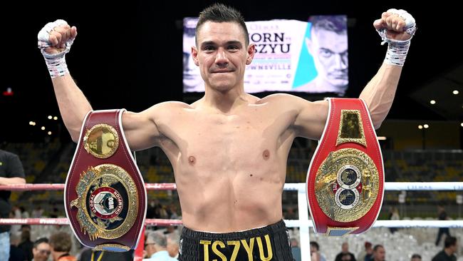 Tim Tszyu celebrates victory in his fight against Jeff Horn in August. Picture: Bradley Kanaris/Getty Images