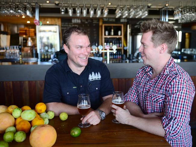 4 Pines beer Chief Brewer Andrew Tweddell and Reporter Bryn Kay in Manly. The brewery are trialing a new beer soon to be released. Photo Jeremy Piper