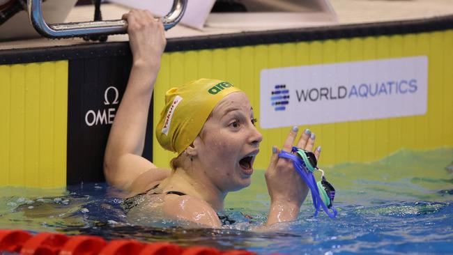 Mollie O'Callaghan demolished the oldest record in women’s swimming, outpacing the fastest swimmer in history - Romanian David Popovici - in her final lap. Picture: Getty Images.