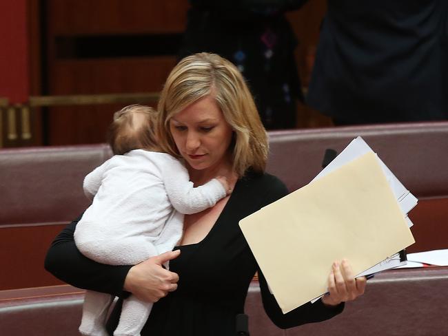 Greens Senator Larissa Waters and her baby in Senate Chamber at Parliament House in Canberra. Picture Kym Smith