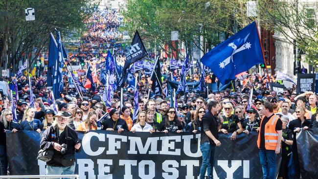 Thousands of construction workers strike in Melbourne CBD during a CFMEU rally. Picture: NewsWire / Aaron Francis