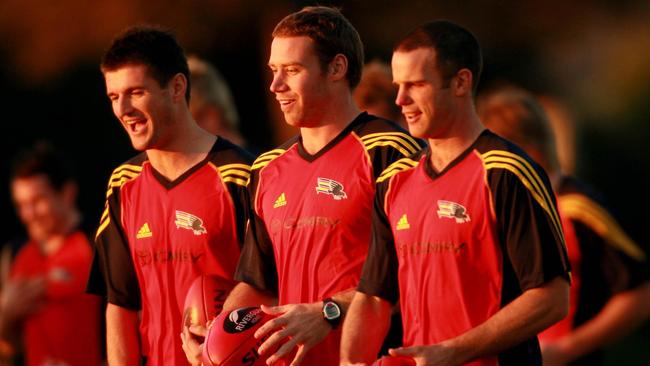 Nathan Bassett, Ben Rutten and Kris Massie during a Crows recovery session at Max Basheer Reserve, West Lakes, in 2006.