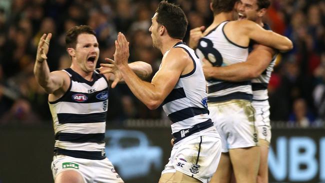 AFL : 2nd Qualifying Final, Geelong V Hawthorn at the M.C.G. , 9th September , Melbourne Australia. Geelong's Patrick Dangerfield celebrates with Harry Taylor Picture : George Salpigtidis