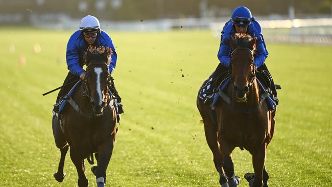 Tim Clark (left) rode Cylinder in a track gallop alongside Spacewalk at Flemington on Tuesday. Picture: Getty Images