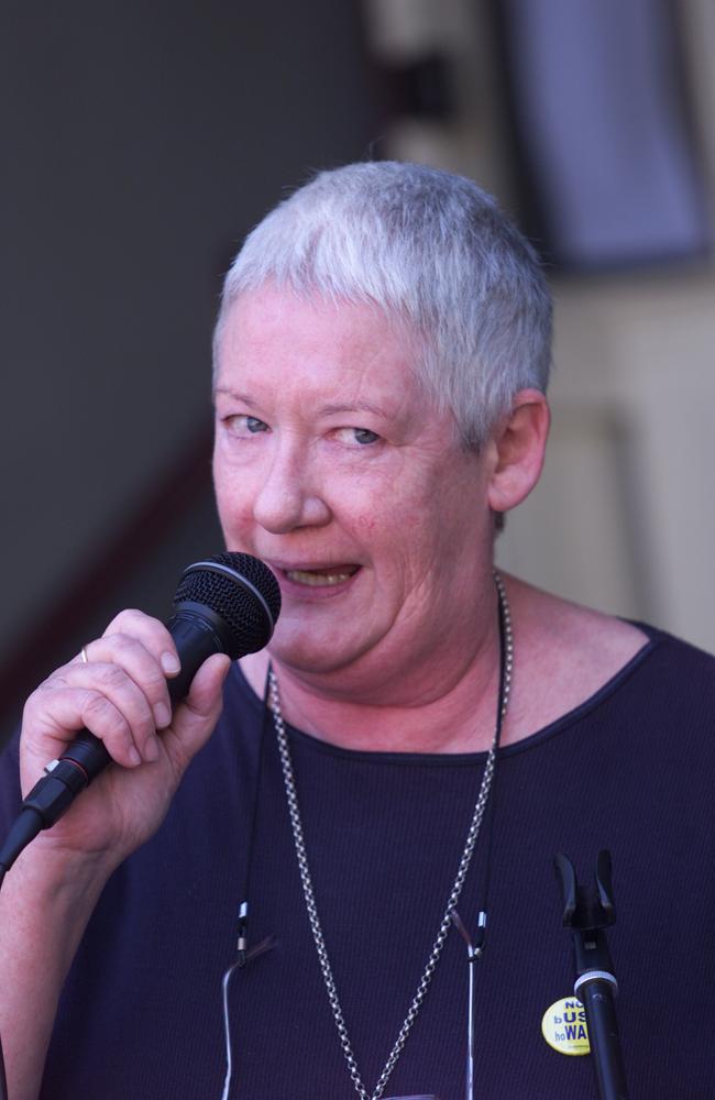 Anne Phelan speaking at the Trades Hall Peace Rally.