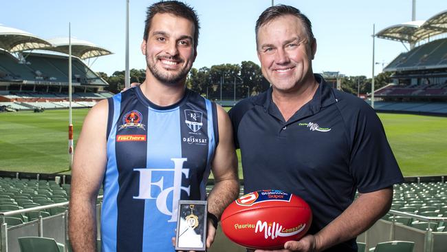Imperials’ Johnny Boras with the Tony Modra Medal for the leading goalkicker in regional community footy in 2021. Picture Mark Brake