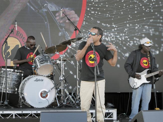 Indigenous band from the Northern Territory, Black Rock Band, perform on the main stage at Mona. Picture: PATRICK GEE