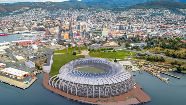 Concept drawings of a new design for a Macquarie Point Stadium by the Stadia Precinct Consortia led by Dean Coleman and Paul Lennon. Picture: SolutionsWon