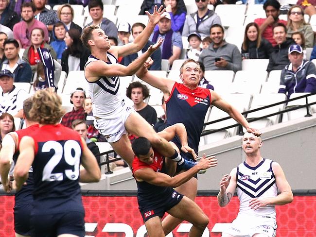 Hayden Crozier marks over Billy Stretch. Picture: Wayne Ludbey