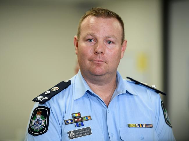 Acting Superintendent Townsville Police Dean Cavanagh talks to the media at The Local Disaster Coordination Centre. Picture: Shae Beplate.