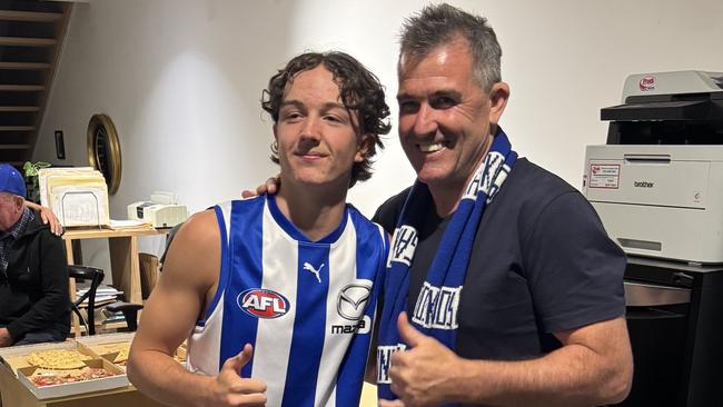 River Stevens and dad, Anthony, after he was drafted to North Melbourne. Picture: Supplied