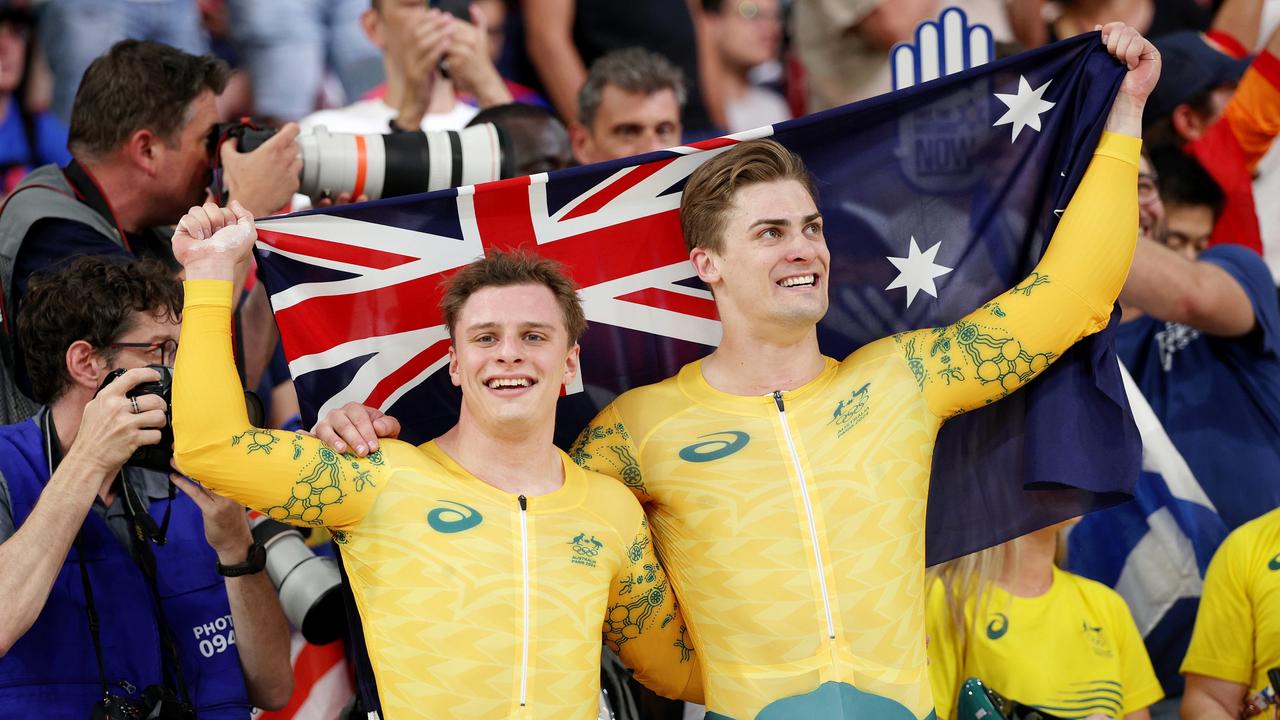 Silver medallist Matthew Richardson and Bronze medallist Matthew Glaetzer of Team Australia celebrate after the Men's Keirin, Final for Gold on day sixteen of the Olympic Games Paris 2024 at Saint-Quentin-en-Yvelines Velodrome on August 11, 2024 in Paris, France. (Photo by Jared C. Tilton/Getty Images)