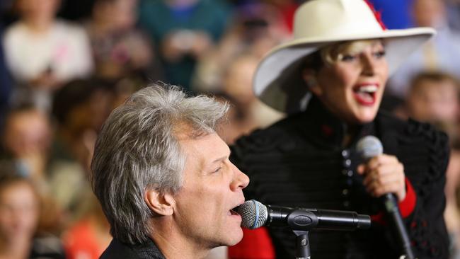 Lady Gaga and Jon Bon Jovi in North Carolina for Hillary. The critical swing state is a must-win for both candidates. Picture: AFP PHOTO / Logan Cyrus