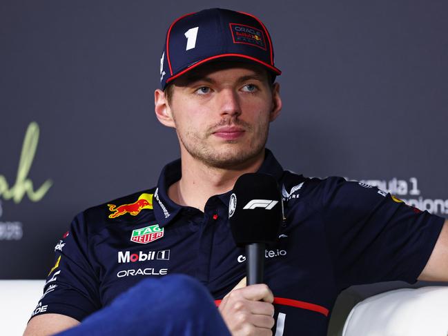JEDDAH, SAUDI ARABIA - APRIL 17: Max Verstappen of the Netherlands and Oracle Red Bull Racing speaks during the Drivers Press Conference during previews ahead of the F1 Grand Prix of Saudi Arabia at Jeddah Corniche Circuit on April 17, 2025 in Jeddah, Saudi Arabia. (Photo by Clive Rose/Getty Images)