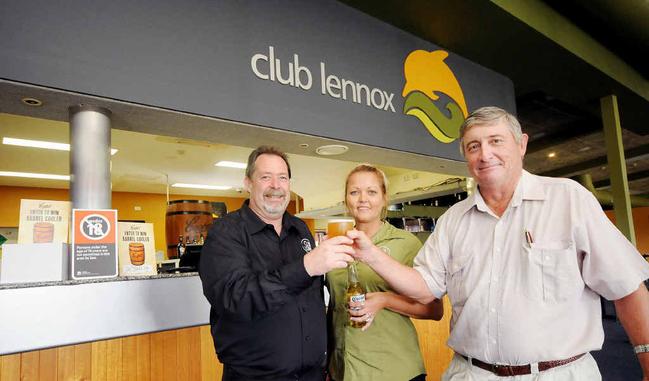 EXCITED: General manager Geoff Martin, bar staff Mara Zvingulis and local Colin Skennar celebrate the opening of Club Lennox. Picture: Doug Eaton