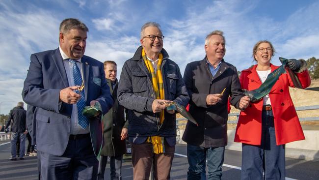 Tasmanian Infrastructure minister Kerry Vincent, Prime Minister Anthony Albanese, Tasmanian Premier Jeremy Rockliff, and Transport minister Catherine King at the opening of the Bridgewater Bridge on Sunday 1st June 2025. Picture: Linda Higginson