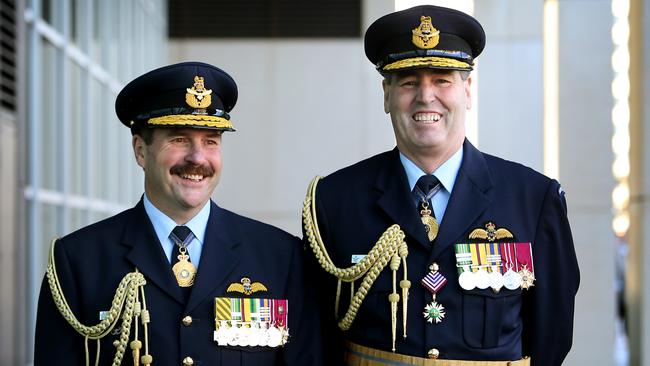 Retired Air Marshal Leo ­Davies, left, and his predecessor Air Marshal Geoff Brown. Picture: Kym Smith