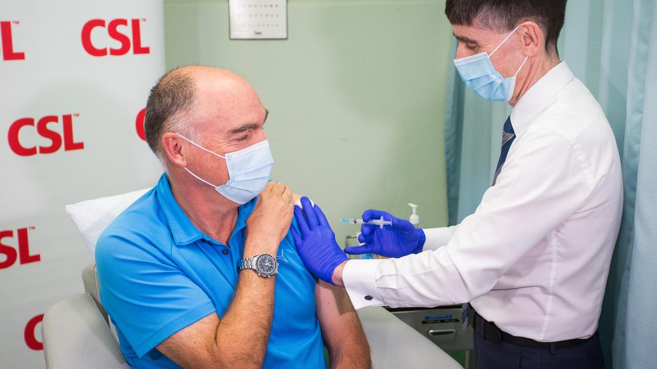 CSL chief scientific officer Dr Andrew Nash is vaccinated with the locally manufactured AstraZeneca vaccine. Picture: NCA NewsWire/Paul Jeffers