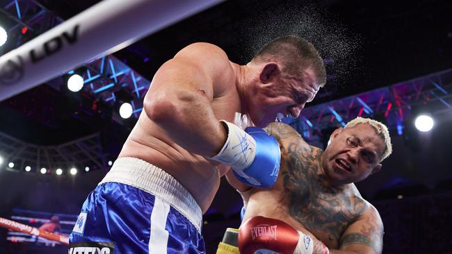 Paul Gallen and Mark Hunt during their fight back in 2020. (Photo by Brett Hemmings/Getty Images)
