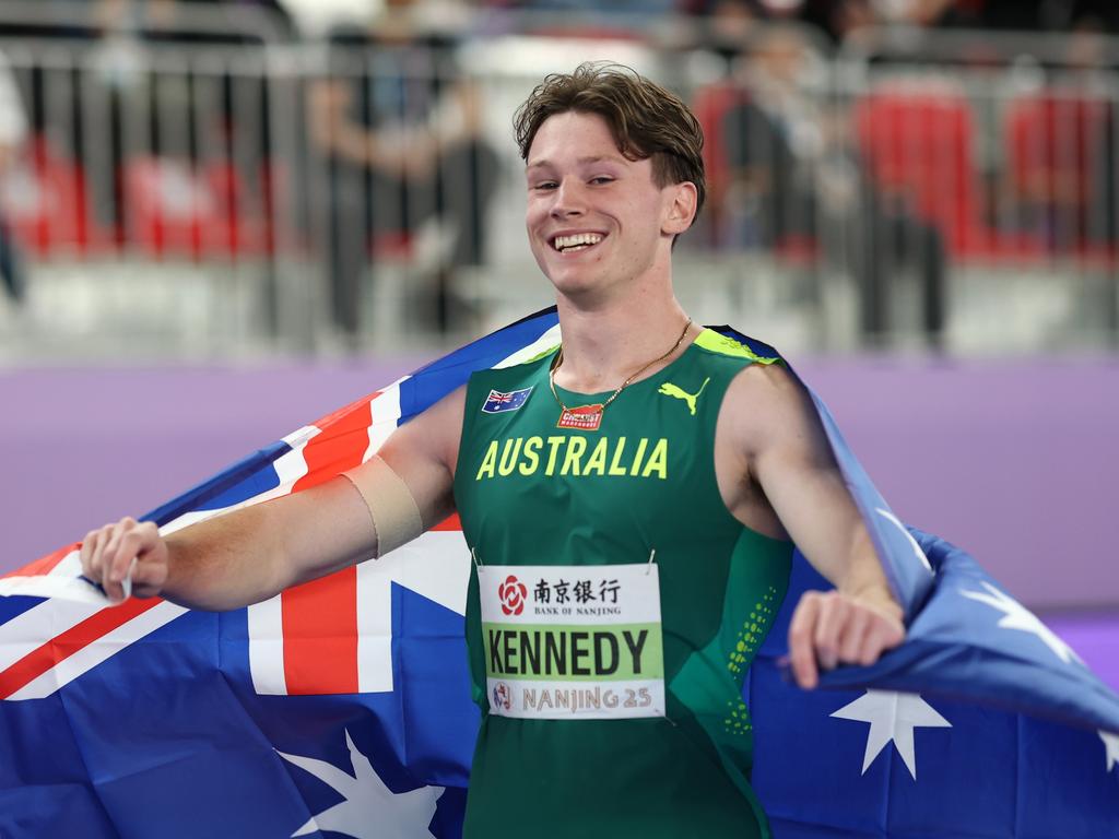 Second-placed Lachlan Kennedycelebrates after claiming silver in the Men's 60m Final at the World Athletics Indoor Championships. Picture: Getty Images