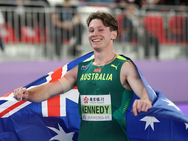 Second-placed Lachlan Kennedycelebrates after claiming silver in the Men's 60m Final at the World Athletics Indoor Championships. Picture: Getty Images