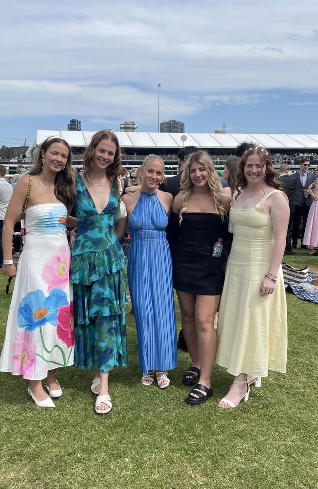 Emma, Grace, Lexi, Ruby and Ruth at the 2024 Crown Oaks Day, held at Flemington Racecourse. Picture: Gemma Scerri