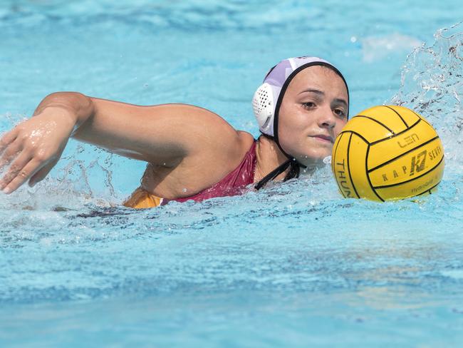 Tenealle Fasala from Queensland in the Australian Water Polo League game between Queensland Thunder and Sydney Uni Lions at Fortitude Valley Pool, Sunday, March 15, 2020 (AAP Image/Renae Droop)