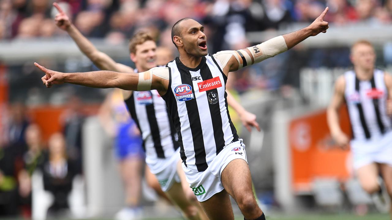 Travis Varcoe of the Magpies reacts after kicking a goal during the 2018 AFL Grand Final between the West Coast Eagles and the Collingwood Magpies at the MCG in Melbourne, Saturday, September 29, 2018. (AAP Image/Julian Smith) NO ARCHIVING, EDITORIAL USE ONLY