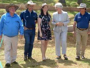 Cr Neil Fisher, Cr Tony Williams, MP Brittany Lauga, Rockhampton regional mayor Margaret Strelow and Cr Drew Wickerson at the Mt Archer amphitheatre. Picture: Jann Houley