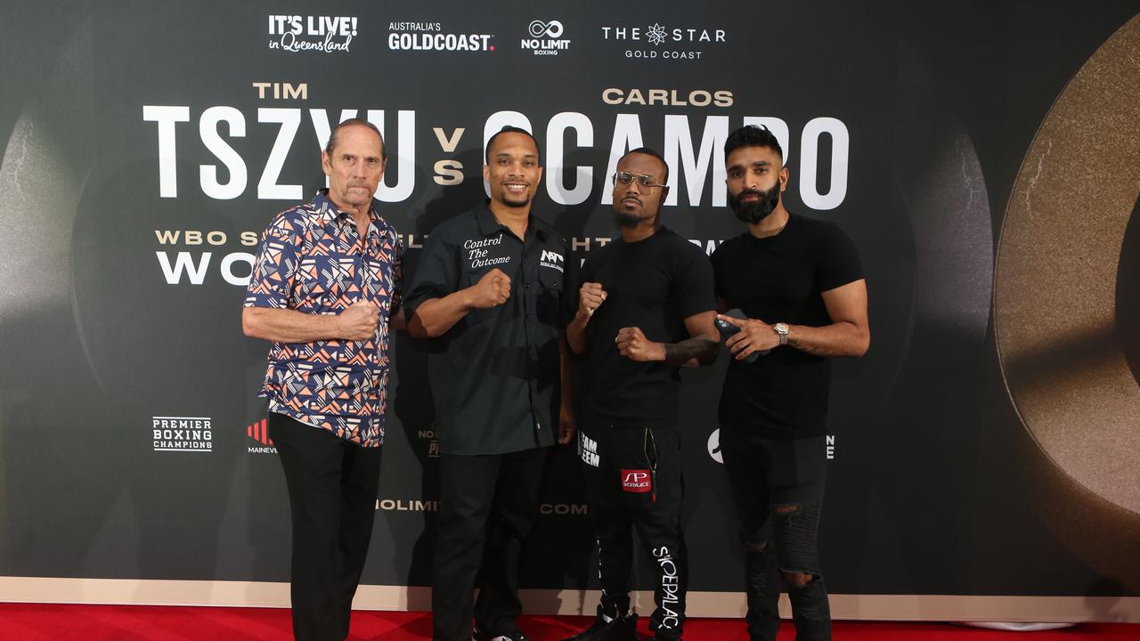 Tim Tszyu v Carlos Ocampo fight launch party, Nineteen at the Star, Broadbeach. (L-R) are Dennis â&#128;&#156;Monkâ&#128;&#157; Andriaccio, Bobby McRoy Jr, Raâ&#128;&#153;eese Aleem and Salman Malik. Picture by Richard Gosling