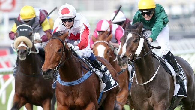 Races at Eagle Farm, Stradbroke day. Winner of race 6, Benzini, Jockey Rosie Myers. (right) Pic Jono Searle.