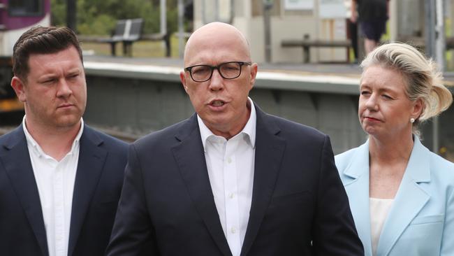 Opposition Leader Peter Dutton with Liberal Party candidate for the Dunkley by-election, Nathan Conroy, and Senator Bridget McKenzie. Picture: David Crosling