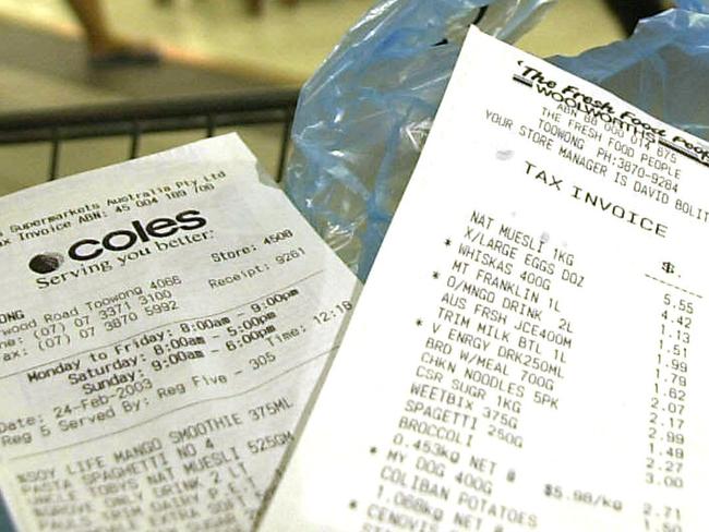 Generic photo of a Coles and a Woolworths supermarket shopping dockets, comparing prices for same items at shopping centre in Brisbane. Shopper dockets. Receipts. Z-Migr-AllFuturePic