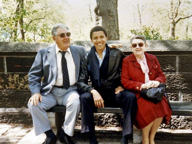 Barack Obama as a student with his grandparents, Stanley and Madelyn Dunham. Picture: AP